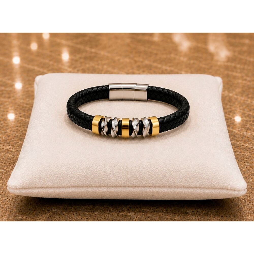 Unisex Handcrafted Braided Faux Leather Magnetic Clasp Bracelet Golden on Black